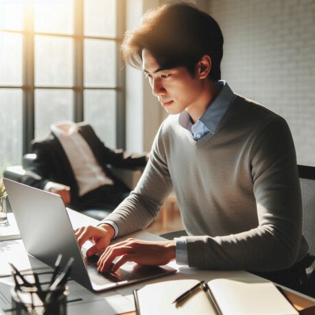 A man focused on his laptop while seated at a desk, showcasing an immediate spike in productivity and engagement.